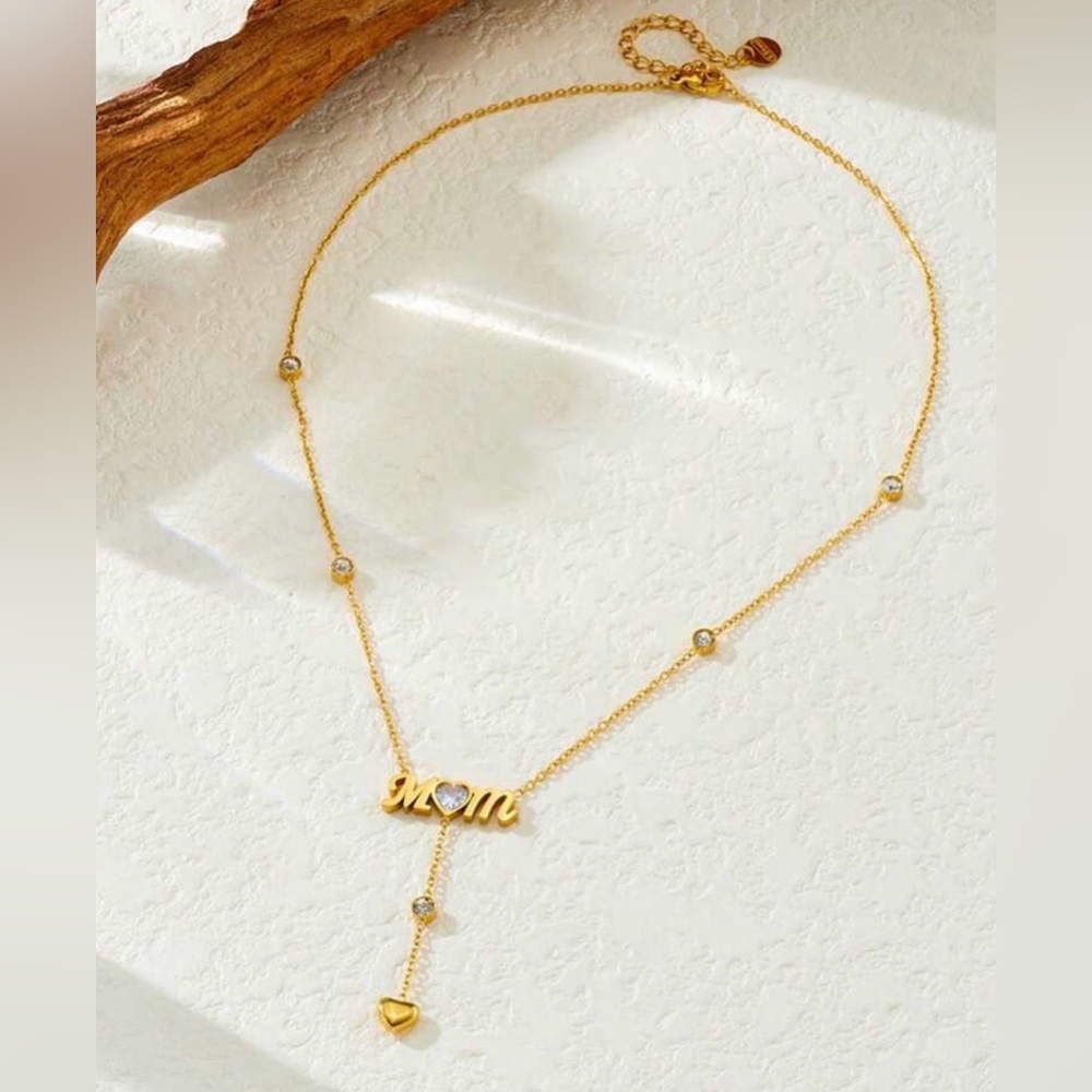 18K Gold Plated Mom Necklace | CZ Heart Drop Necklace | Mother’s Day Gift - Picture 3 of 5